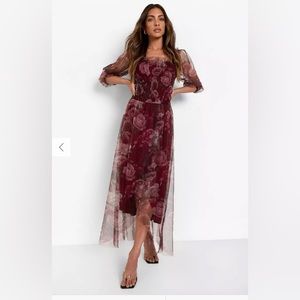 FLORAL MESH RUCHED MAXI DRESS NWT Sz 12 form Boohoo